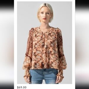 NWT Women's Miss Me Mixed Media Printed Blouse size L